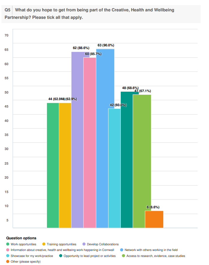 Bar chart showing what people hope to get from being part of the Partnership. Top is networking and collaboration, followed by information about work happening in Cornwall