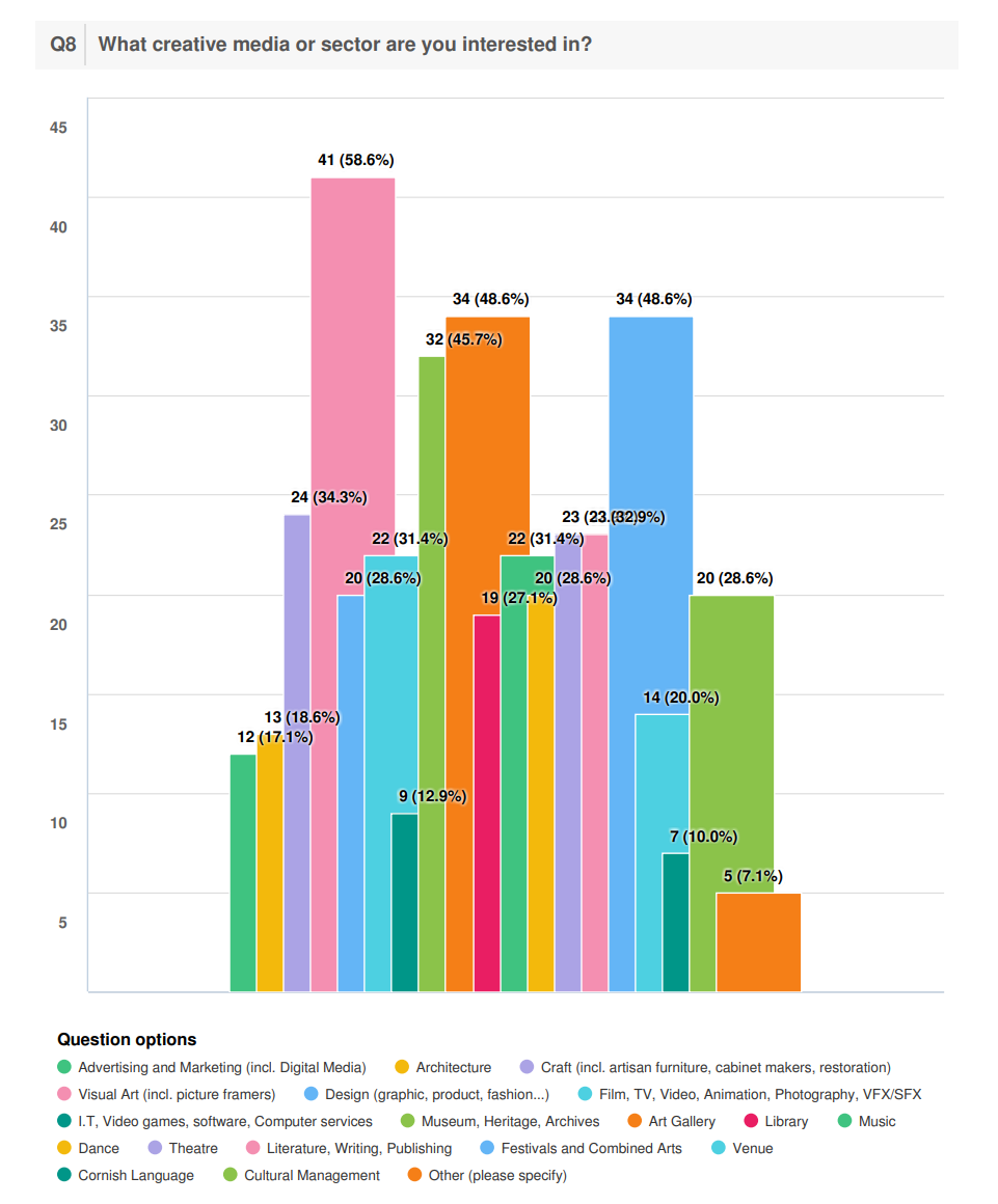 Bar chart showing the creative media that respondents are interested in. The top response is visual arts, closely followed by art gallery, museums, and festivals and combined arts.